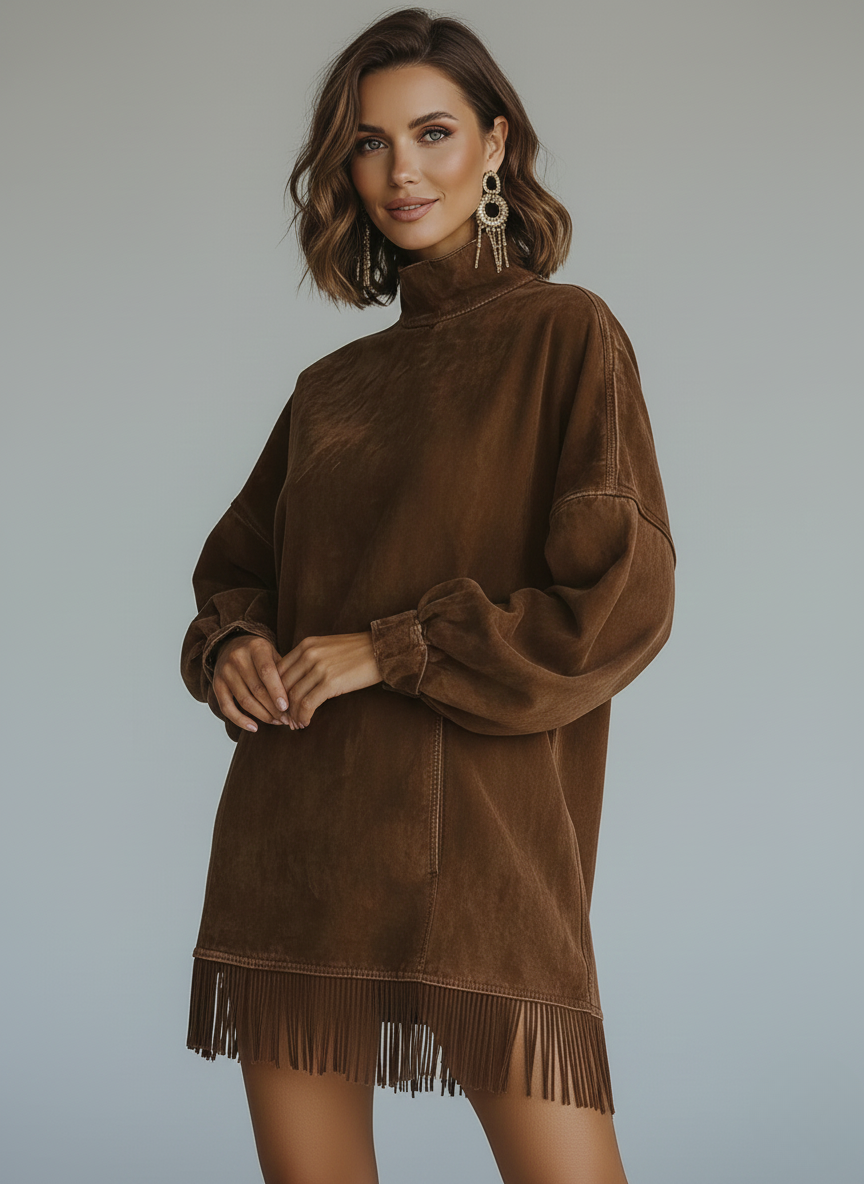 Muriel | Mini sukienka z długim rękawem i fredzlami